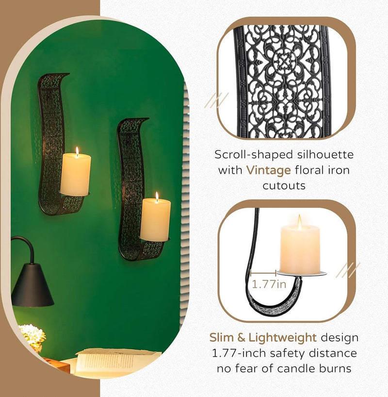 Wandkaarsenhouder, moderne wanddecoratie, zwart, set van 2 kaarsenhouders voor woonkamer, badkamerwanden, elegante wanddecoratie, hangende kandelaar