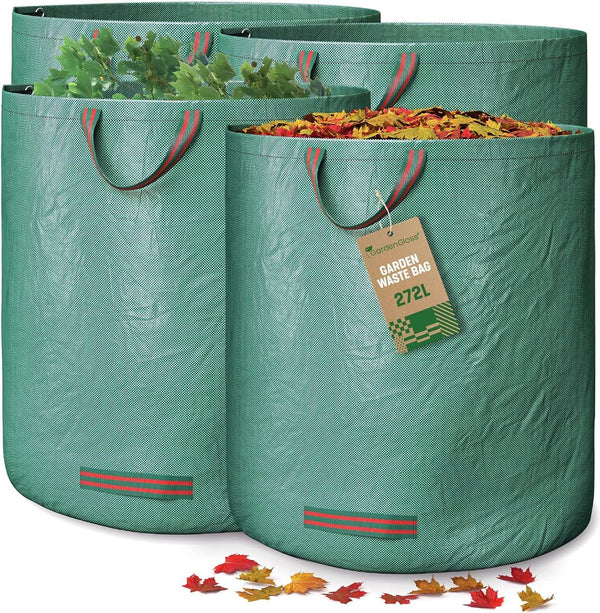 4 x tuinafvalzakken met handgrepen, 272 l hoge capaciteit en dubbele bodem, uv-bestendig en waterafstotend, herbruikbare en stabiele tuinzakken