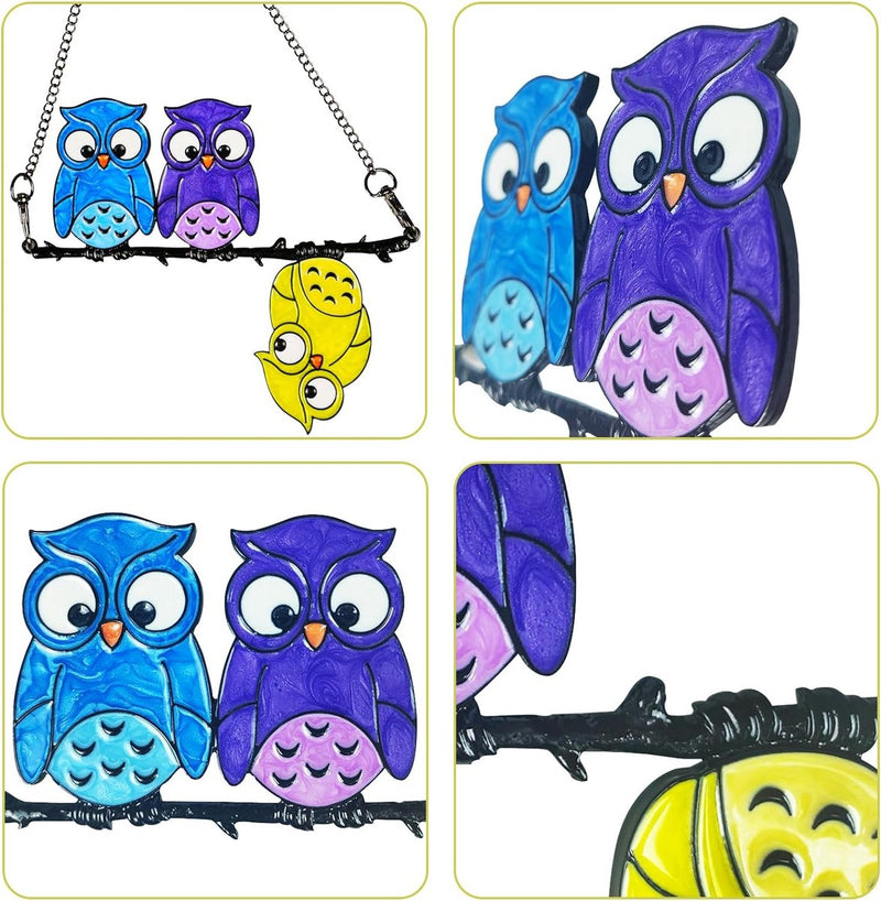 Meerkleurige uil op een draadglas-raambehang, raamdecoratie, hangende zonnecatcher, uil, zonnevanger, raamdecoratie, hangende vogel-zonnevangers