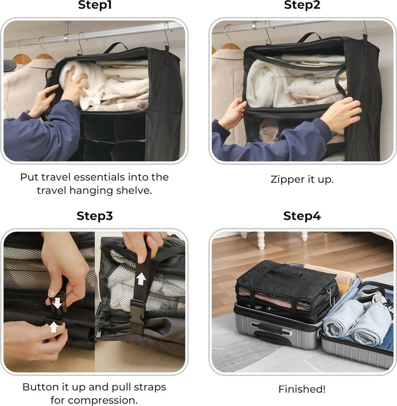 Hangende plankstof met 3 compartimenten, Kofferorganizer Hangend, Opvouwbare Garderobeorganizer Hangend, Draagbare Reisplank, Zwarte Bagageorganizer, Draagbare Hangende Reisorganisator