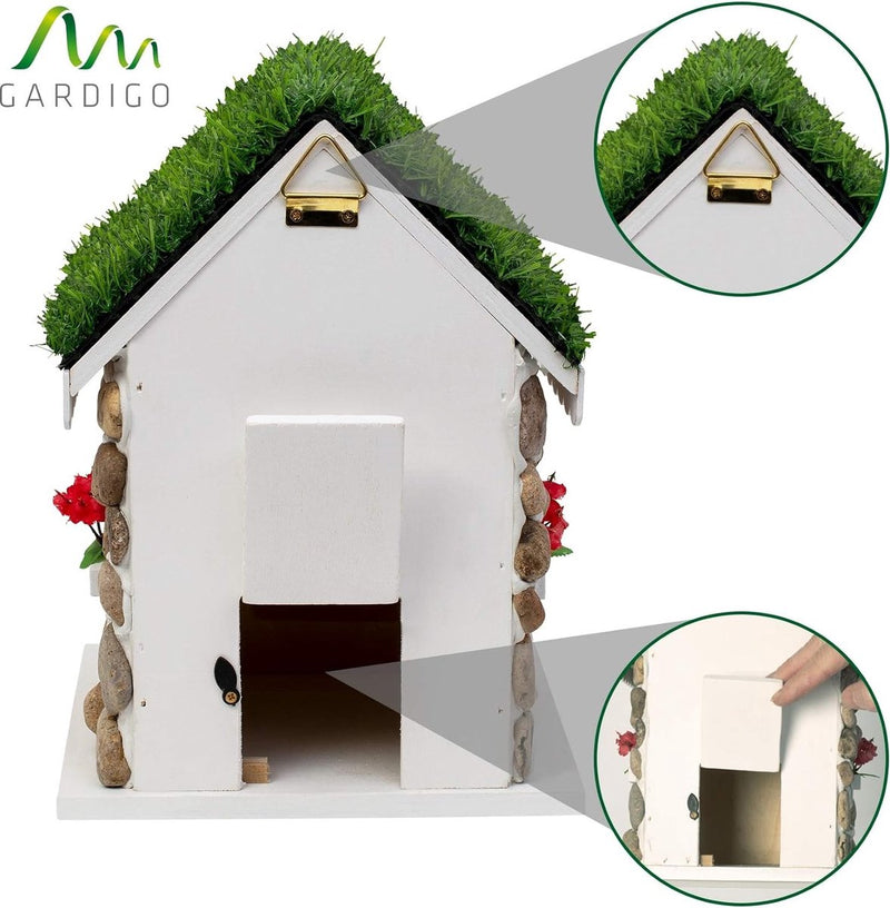 Nestkast in steenhuis-look, decoratief vogelhuis om op te hangen, met echte stenen, mezenbak met 30 mm invliegat, nesthulp, vogelhuisje voor tuin, balkon, terras