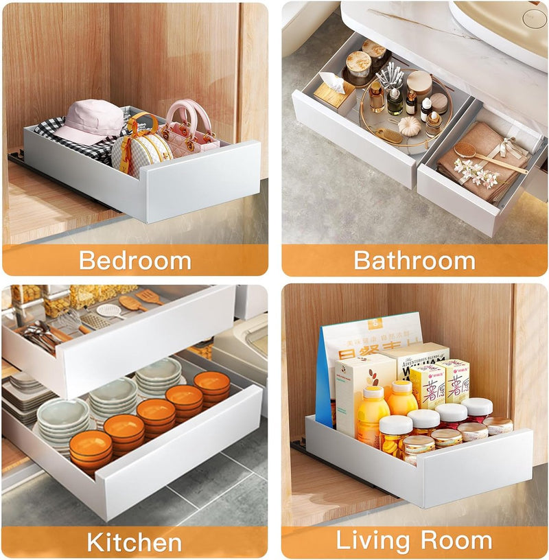 Uittrekbare kastorganizer, uittrekbare ladeplanken voor keukenkast, uitrolbare uittrekbare lade (30 cm B x 43 cm D x 9 cm H), boren en spijkeren niet nodig (wit)