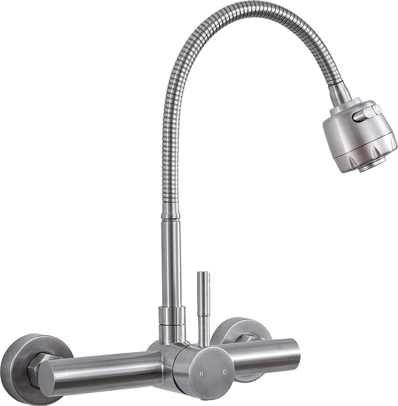 Wandmontage, keukenkraan, roestvrij stalen waterkraan, 360 graden draaibaar, uitloop, mengkraan met één hendel, mengkraan + 2 straalsoorten, spoelbakarmatuur, mengkraan met één hendel