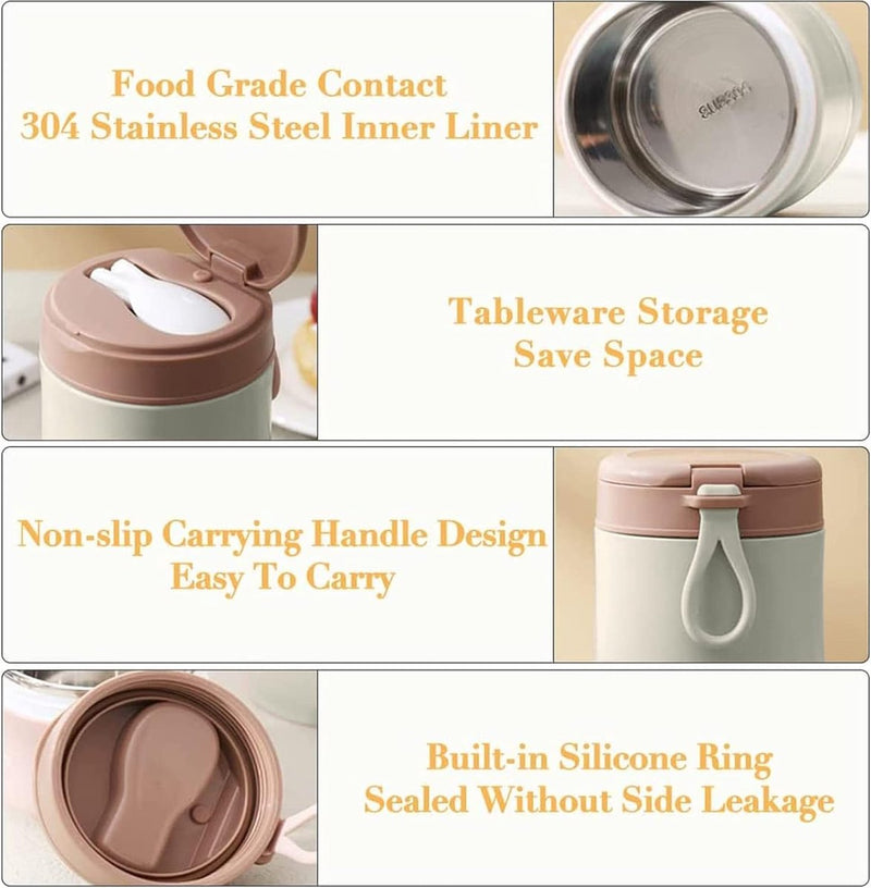 Mueslibeker 800 ml, thermohouder, dubbellaagse mueslibeker met opvouwbare lepel, roestvrijstalen papbeker, lekvrije yoghurtbeker, voor werk, school, toerisme (groen)