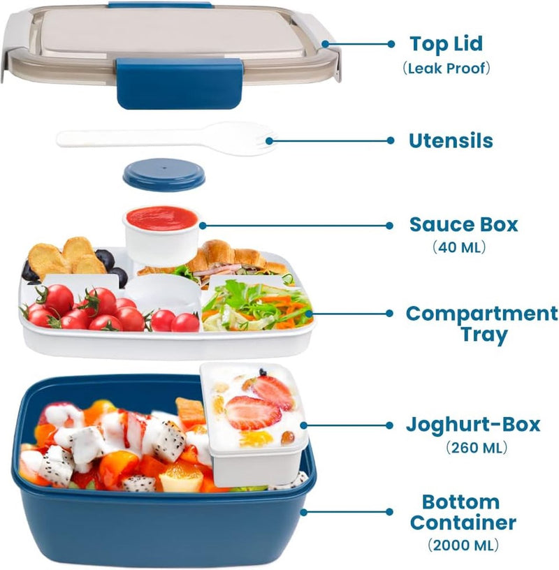 Broodtrommel met vakken, 2000 ml, broodtrommel voor kinderen en volwassenen, slacontainer, slabox, lekvrij, bento box, snackbox met 4 vakken, slakom voor school, kantoor, BPA-vrij