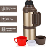 Thermosfles, thermoskan, 4,0 l, roestvrijstalen drinkfles, thermosfles met 3 drinkbekers, dubbelwandige isolatie, camping, waterfles met handvat, 24 uur warm en koud (goud)