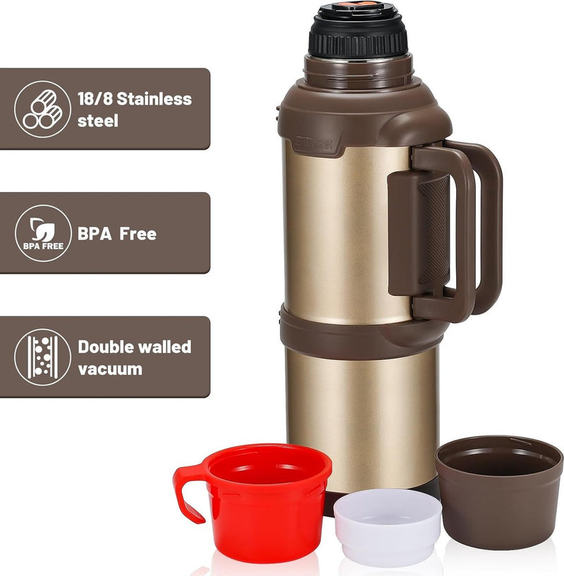 Thermosfles, thermoskan, 4,0 l, roestvrijstalen drinkfles, thermosfles met 3 drinkbekers, dubbelwandige isolatie, camping, waterfles met handvat, 24 uur warm en koud (goud)