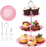 2 stuks 3 etages, cupcake-standaard, dessertstandaard, herbruikbare gebarenstandaard, taartstandaard voor bruiloft, verjaardag, theefeest, roze