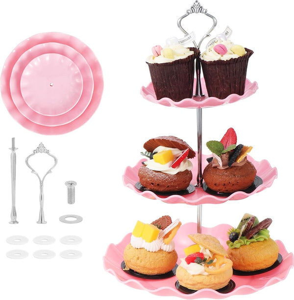2 stuks 3 etages, cupcake-standaard, dessertstandaard, herbruikbare gebarenstandaard, taartstandaard voor bruiloft, verjaardag, theefeest, roze