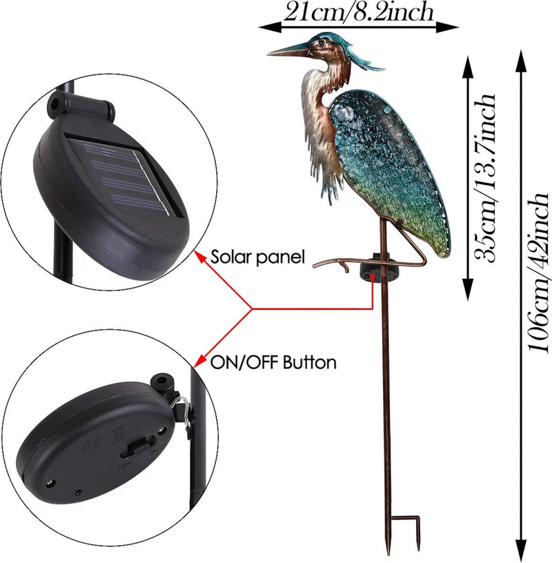 Tuindecoratie voor buiten, grijze reiger, tuinfiguur, zonnelamp voor buiten, tuinverlichting, metaal, glas, waterdichte padverlichting met grondpen, solarlamp voor moeder en