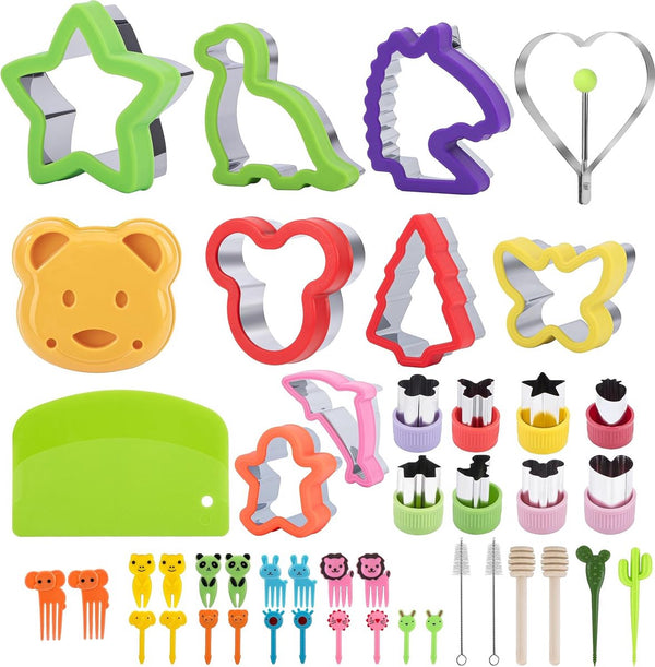 Koekjesvormers kinderset, 45-delige sandwichsnijders brood en groenten, roestvrijstalen broodsnijders met prikkers fruitvorkjes, comforthandgreep afneembaar, dinosaurus eenhoorn dino stervormen