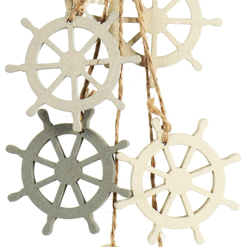 3 x hangdecoratie, maritiem, decoratie om op te hangen, stuurwiel, anker en vuurtoren met schelpen, hangdecoratie van hout (3 stuks, grijs/wit/blauw)