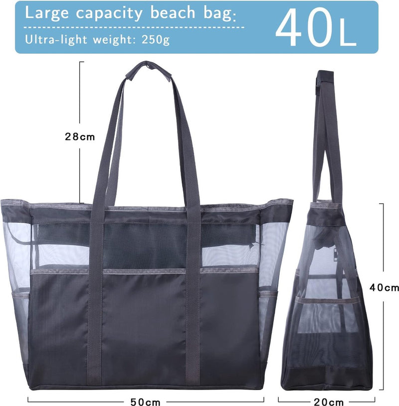 Strandtas XXL familie grote badtas strandtas met ritssluiting strandtas opvouwbare schoudertas badtas familie shopper handtas voor strand vakantie reizen grijs