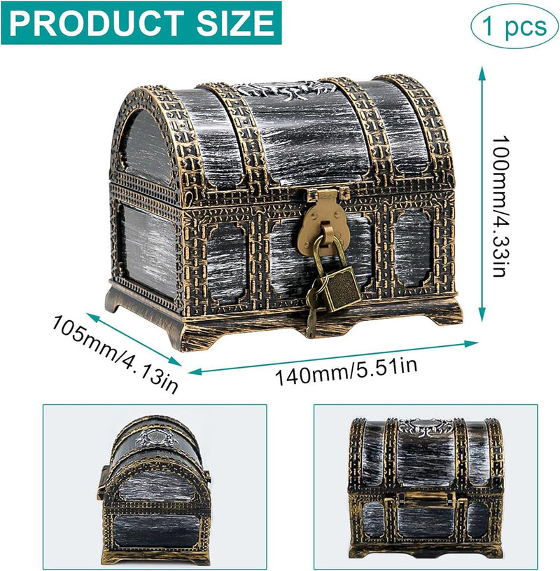 Afsluitbare schatkist voor kinderverjaardag, schatkist bruiloft met slot, kunststof piraten, schatkist, klein, bewaren en decor, schatkist piraat, schatfeest (1)