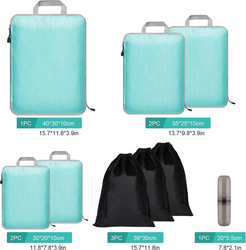 Koffer-organizerset, 9 stuks, Packing Cubes, waterdichte reis-kledingtassen, verpakkingskubus, uitbreidbare paktassen, bagage-organizer voor reizen of thuis blauw