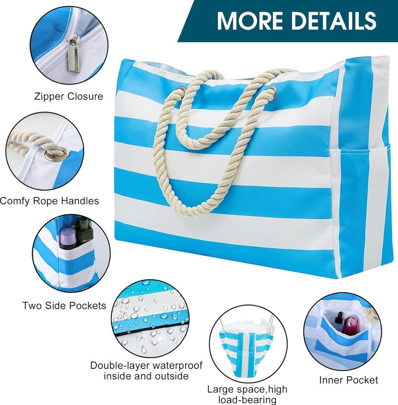 Strandtas XXL-familie, badtas dames reiscadeau boodschappentas strandtas met ritsvakken opvouwbaar lichtgewicht voor vakantiereizen