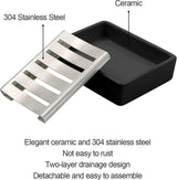 Keramische zeepbakje SUS304 badkamer dubbellaags zeepbakje zelflozende zeepbakje zeg nee tegen pluizige zeep eenvoudige reiniging (zwart)