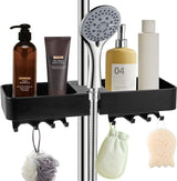 Doucheplank om op te hangen, zwart, doucheplank zonder boren, telescopisch, doucherek met 2 douchemandjes om op te hangen, ruimtebesparende doucheplank, roestvrij staal, douchestang-opbergrek voor 18