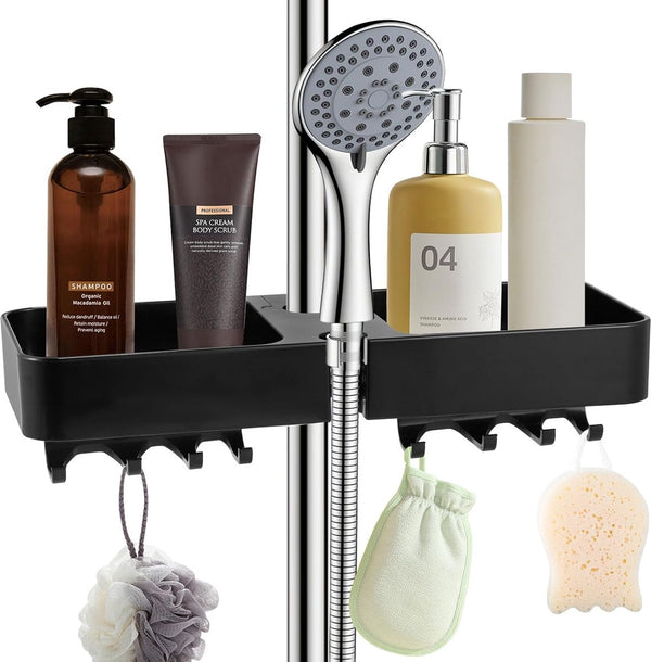 Doucheplank om op te hangen, zwart, doucheplank zonder boren, telescopisch, doucherek met 2 douchemandjes om op te hangen, ruimtebesparende doucheplank, roestvrij staal, douchestang-opbergrek voor 18