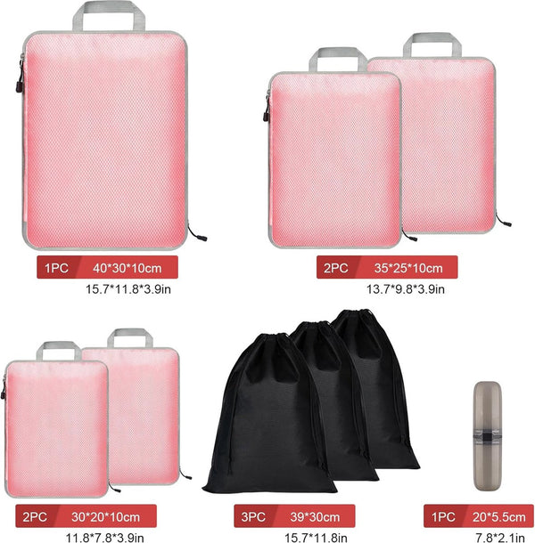 Koffer-organizerset, 9 stuks, Packing Cubes, waterdichte reis-kledingtassen, verpakkingskubus, uitbreidbare paktassen, bagage-organizer voor reizen of thuis, roze
