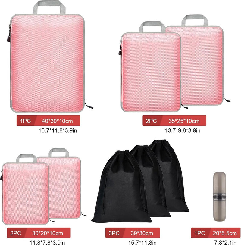 Koffer-organizerset, 9 stuks, Packing Cubes, waterdichte reis-kledingtassen, verpakkingskubus, uitbreidbare paktassen, bagage-organizer voor reizen of thuis, roze