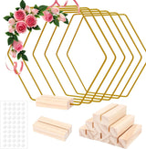 6 stuks metalen ringen om te knutselen, 20 cm zeshoekige decoratieve metalen ring met 6 houten standaarden, gouden draadringen om te knutselen, metalen decoratieve ringen voor doe-het-zelf handwerk, bruiloft, feest, tafelversiering
