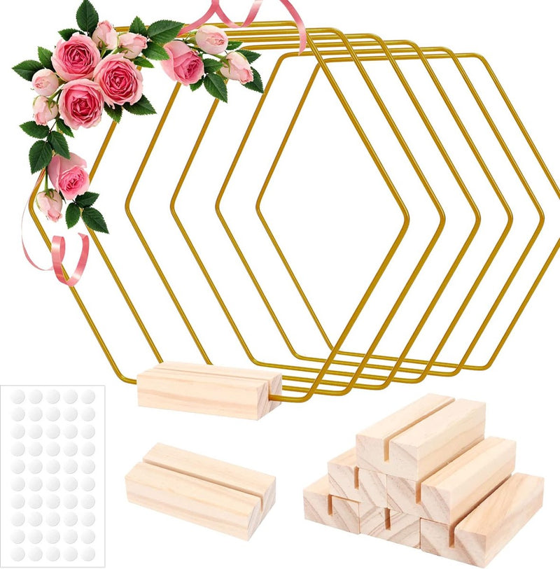 6 stuks metalen ringen om te knutselen, 20 cm zeshoekige decoratieve metalen ring met 6 houten standaarden, gouden draadringen om te knutselen, metalen decoratieve ringen voor doe-het-zelf handwerk, bruiloft, feest, tafelversiering