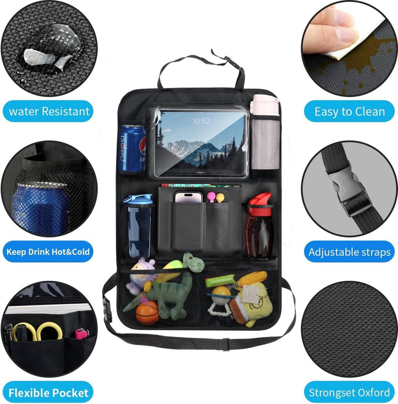 Auto-rugleuningbescherming en organizer, waterdicht en onderhoudsvriendelijk, Oxford-doek, autostoel, organizer, zwart, 2 stuks