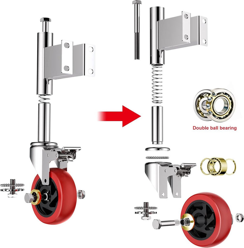 Veerbelaste poortwielen, 125 mm, robuuste hardware stalen deuren tot 200 kg dragen voor gebruik op de boerderij, in landgoed en thuis, rood met rem