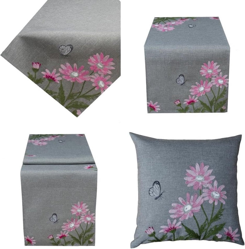 Tafelkleed Middeldeken/tafelloper, kussenhoes, grijs gebloemd, crankborduurwerk met roze margrieten en witte vlinder (40 x 85 cm)