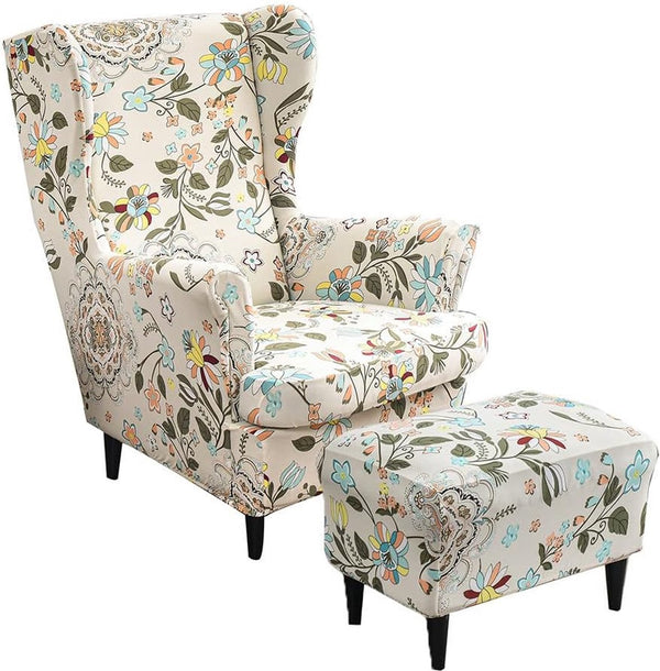 2-delige hoes voor oorfauteuils, met poef, fauteuil-overtrek, fauteuilhoes, stoelhoes, stretch, tijger, stoelhoes met armleuning, hoge rugleuning (Scandinavische stijl)