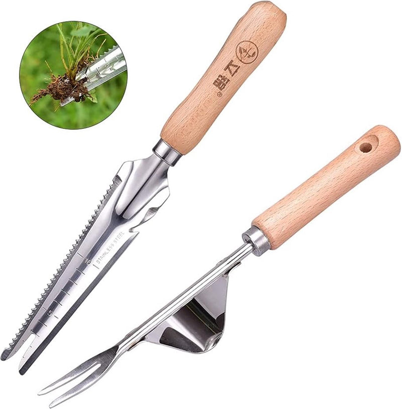 Hand onkruidsteker, 2 stuks onkruidsteker, voor in de tuin, klein roestvrij staal, met 5 in 1 mini-schep, tuin voor gras, graven en jaden