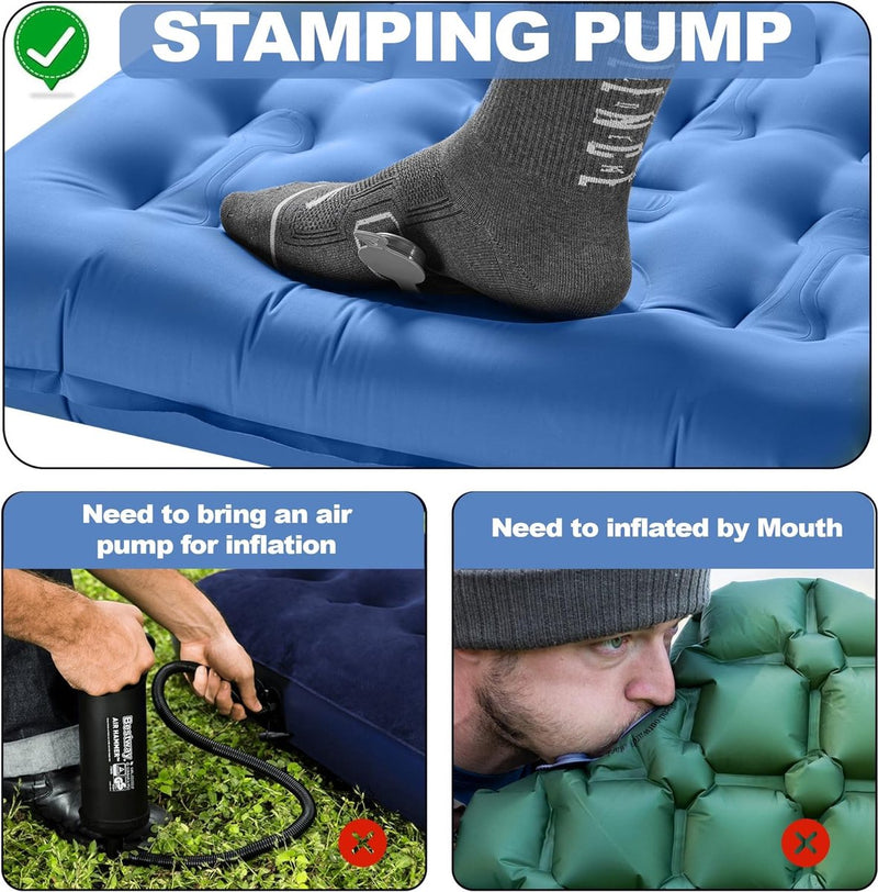 Zelfopblazende slaapmat, campingluchtmatras met voetperspomp en kussen, opblaasbare slaapmat voor buiten, ultralicht waterdicht voor wandelen, buitenshuis, kamperen, reizen 195 x 65 x 12 cm - blauw