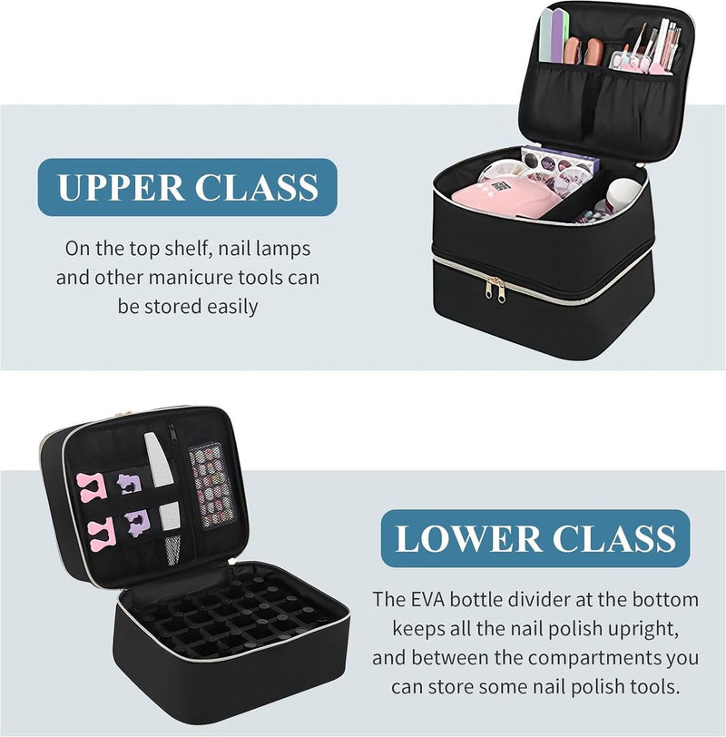 Nagellak opbergtas groot, draagbare draagtas voor nagellak en UV-lamp, dubbellaagse nagellaktasorganisator, multifunctionele make-uptas, zwart, zwart, eenvoudig
