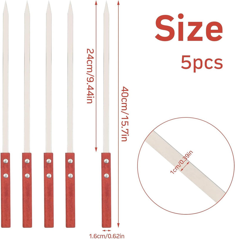 Barbecuespiesjes, roestvrij staal 40 cm, shish kebabspiesjes, roestvrij staal, platte vleesspiesjes, herbruikbaar, lange kebabspiesjes met houten handvat voor vlees, groenten, vleesspiesjes, barbecue