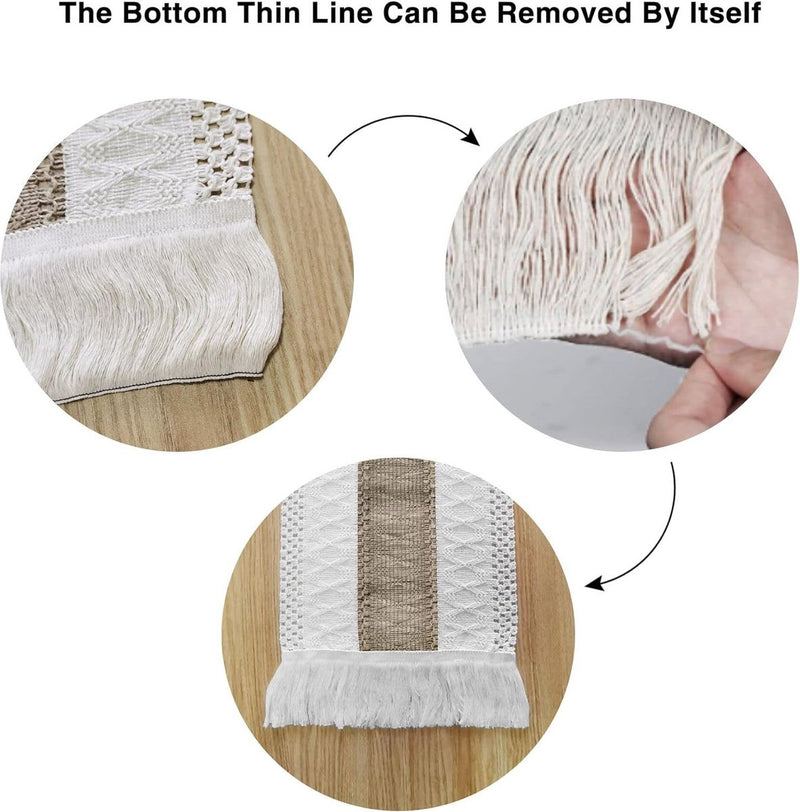 Macramé tafelloper 30 x 274 cm tafelloper beige boho jute tafelloper met kwastjes rechthoekig voor landhuisstijl bruiloft verjaardag feestelijk huis keuken koffie tafel decoratie