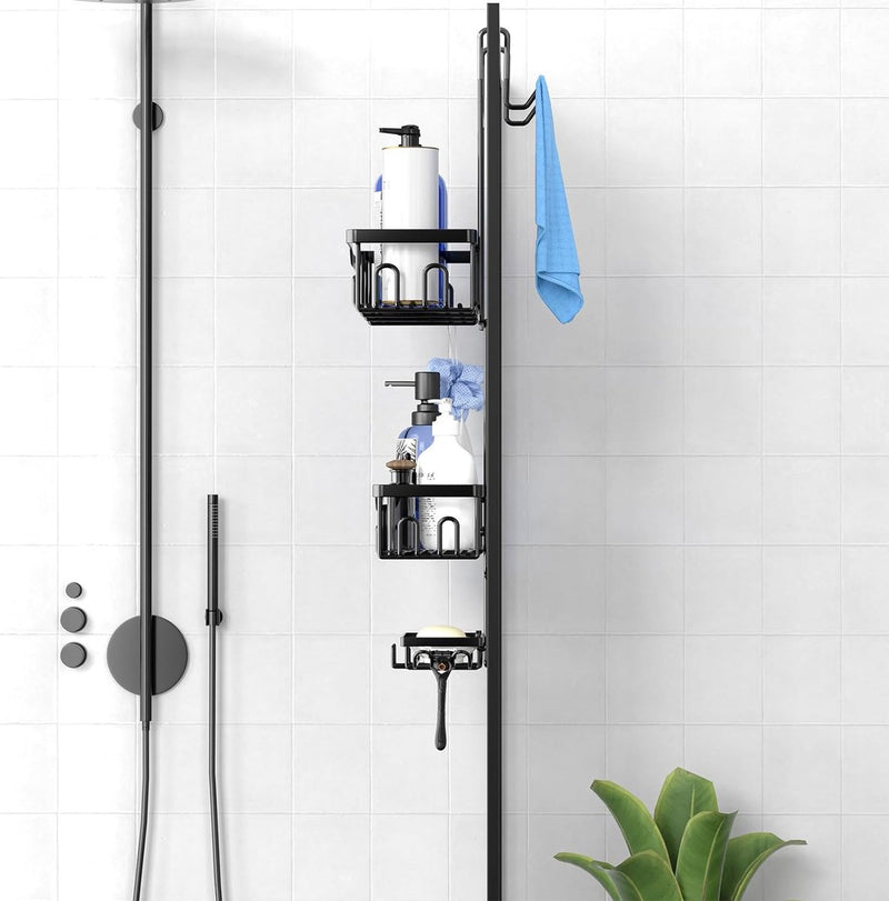 Doucheplank om op te hangen, doucheplank zonder boren met zeepbakje, meerdere haken, douchemand, hangende badkamerorganizer (zwart)