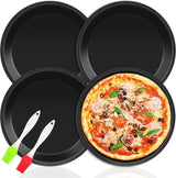 Set van 4 ronde pizzaplaten, 18,1 x 15 x 2,5 cm koolstofstalen pizzaplaat met 2 siliconenborstels voor taarten, pizza, brood, taarten, koekjes, bakken (zwart)