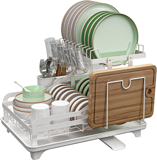 Afdruiprek Opvouwbare Afdruiprek met Druppelbord 2 Niveaus Afdruiprek met Gebruiksvoorwerphouder, Snijplankhouder Metalen Afdruiprek voor aanrecht (wit)