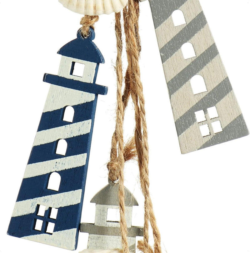 3 x hangdecoratie, maritiem, decoratie om op te hangen, stuurwiel, anker en vuurtoren met schelpen, hangdecoratie van hout (3 stuks, grijs/wit/blauw)