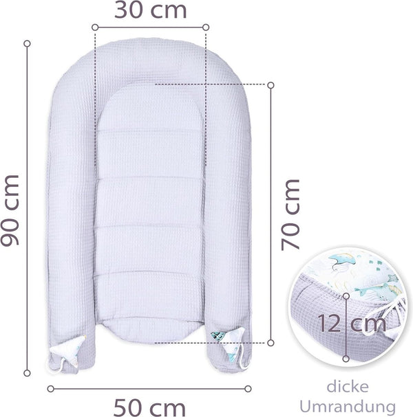 Babynestje voor pasgeborenen baby's, 90 x 50 cm, handgemaakte cocon, dubbelzijdig van katoen, wafel met babynestje, waterdieren, lichtgrijs