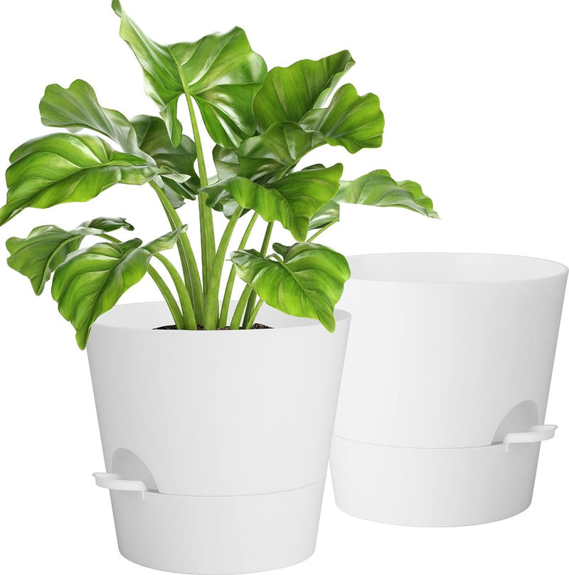 Bloempot, 25,4 cm, set van 2, kunststof bloempot met irrigatiesysteem, modern, voor binnen en balkon, tuin, planten, vetplanten, cactus (wit)