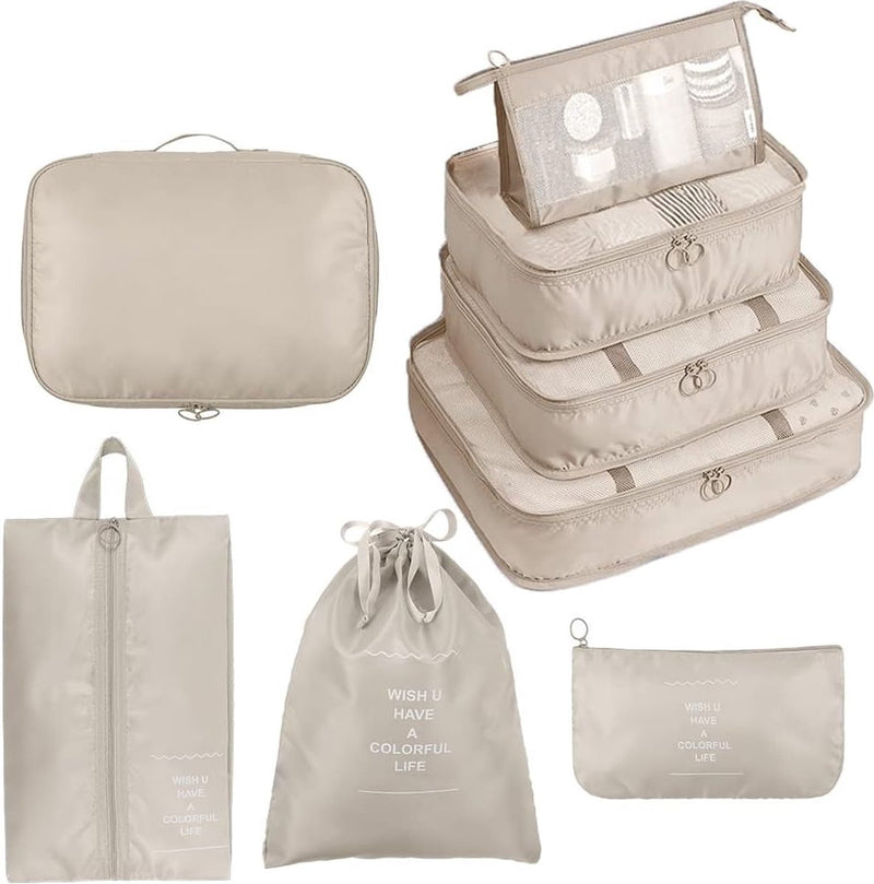 Kofferorganizerset, 8-delig, verpakkingskubussen, vakantie- en reis-hangmandset, beige