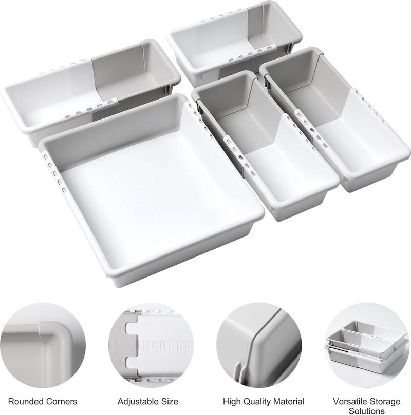 Set van 5 kledingkastorganizerladen, opvouwbare ladeorganizerkleding, organizersysteemgarderobe voor make-up, bureau, kantoor, badkamer, badkamer, melkwit