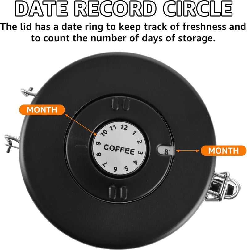 Koffiekan van 1,8 liter luchtdicht, zwarte koffiebonencontainer, koffiekan met roestvrijstalen lepel, koffiecontainer met datumregistratie voor koffiebonen, koffiepoeder, thee, cacao