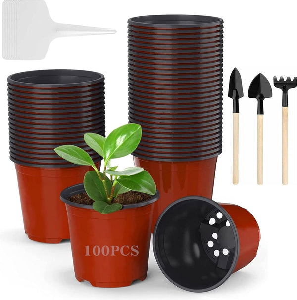 Bloempotten, rond, 100 stuks, 10 cm, plastic, ronde kunststof bloempotten met afvoergaten, binnenpot voor zaailingen en steken, kweekpotten zaadpotten en 20 stuks plantentags