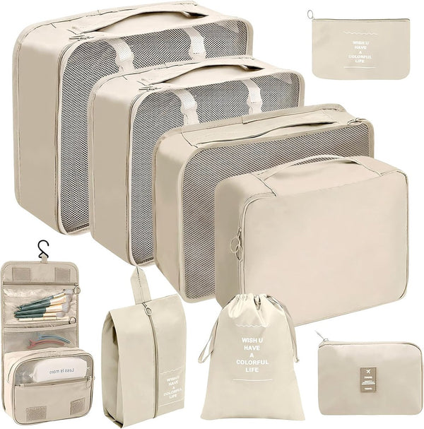 9-delige kofferorganizerset voor vakantie en reizen, packing cubes, reisorganizer, packing cubes, kledingtassen, kofferorganizer voor vakantie en reizen - beige