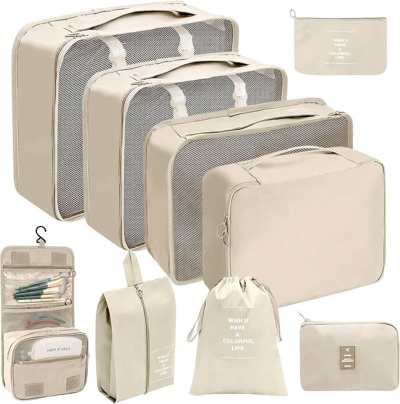 9-delige kofferorganizerset voor vakantie en reizen, packing cubes, reisorganizer, packing cubes, kledingtassen, kofferorganizer voor vakantie en reizen - beige