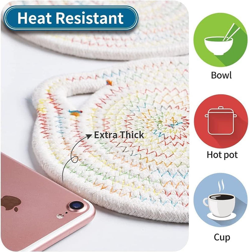 Set van 3 placemats leuk in katten dicht geweven, placemat gevlochten puur katoenen materiaal, placemats kinderen veilig en geurloos (blauw, groen, regenboogkleuren, 18 cm)