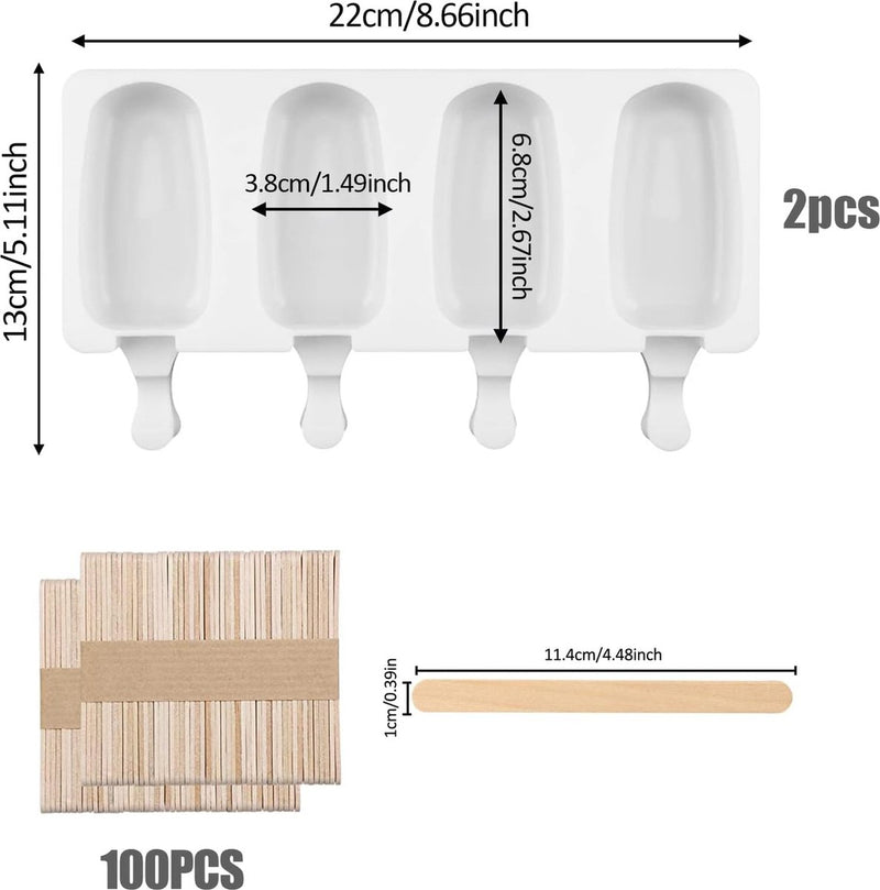 IJsvormen, siliconen ijsvormen, 2 stuks, 8 cellen, ijsvormen, popsicle vormen, herbruikbare doe-het-zelf ijsvorm met 100 houten stelen voor het invriezen van fruit of yoghurt steelijs, BPA-vrij